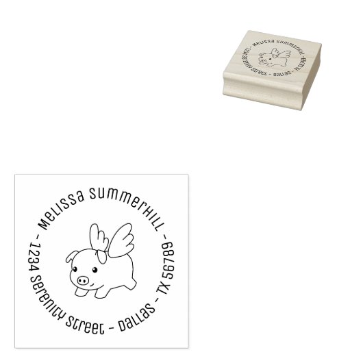 Flying Pig, Piglet met Wings Round Address 4 Rubberstempel (Gestempeld)