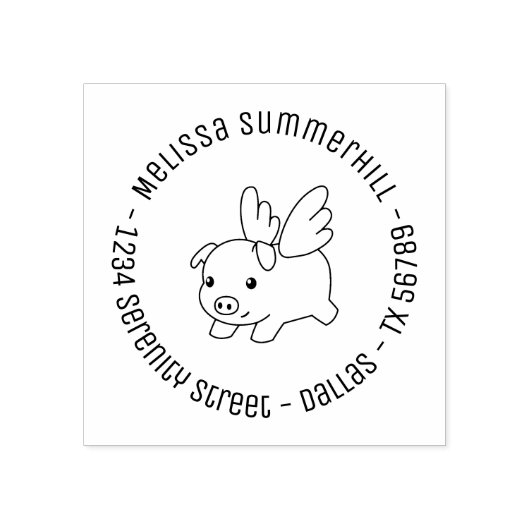 Flying Pig, Piglet met Wings Round Address 4 Rubberstempel (Afrduk)