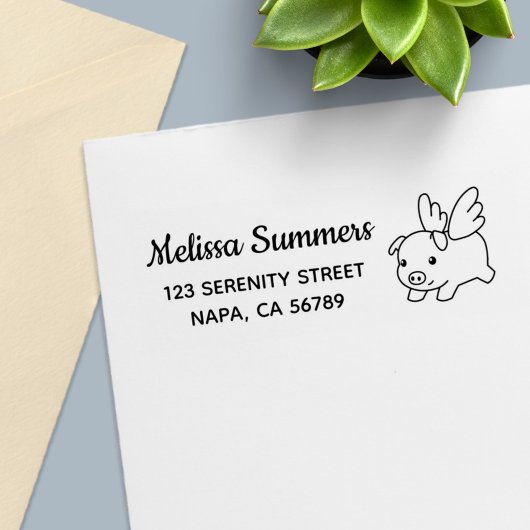 Flying Pig - Piglet with Wings Address Zelfinktende Stempel