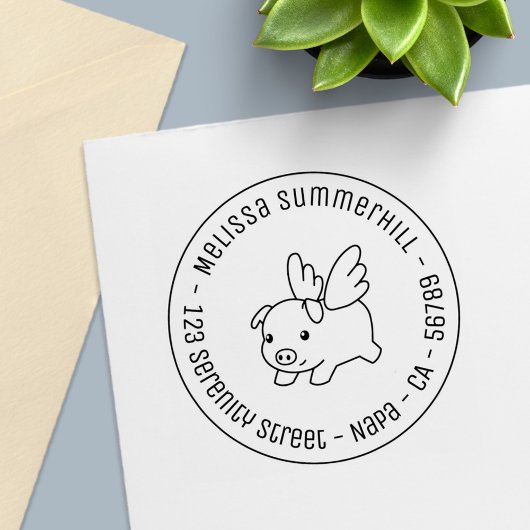 Flying Pig - Piglet with Wings Round Address 1 Zelfinktende Stempel