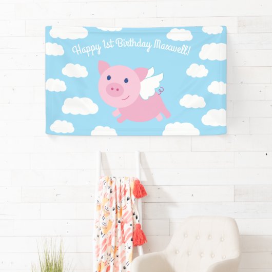 Flying Pig Schattige 1e Verjaardag Party Banner De (Insitu)