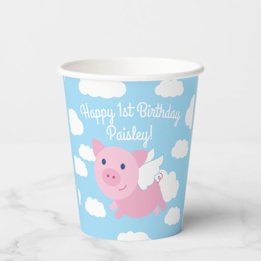 Flying Pig Schattige 1e verjaardagsfeest Kinder Papieren Bekers (Achterkant)