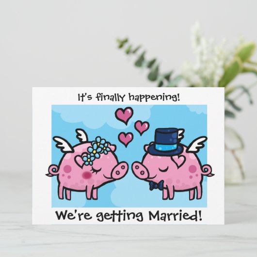 Flying Piggy Bride and Groom bruiloft nodigen Kaart (Staand voorkant)