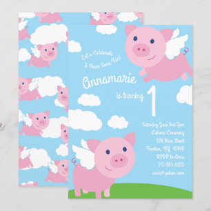 Flying Pigs 1st Birthday Cute Invitations Kaart