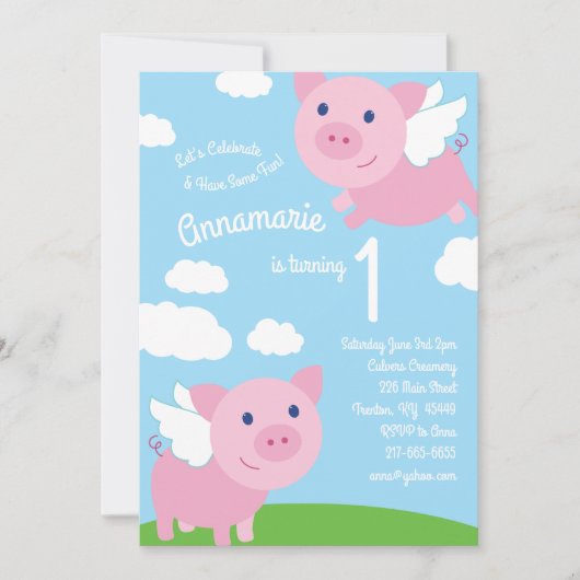 Flying Pigs 1st Birthday Schattigee Uitnodigingen (Voorkant)