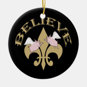 Flying Pigs Believe Black Gold Fleur de Lis Keramisch Ornament