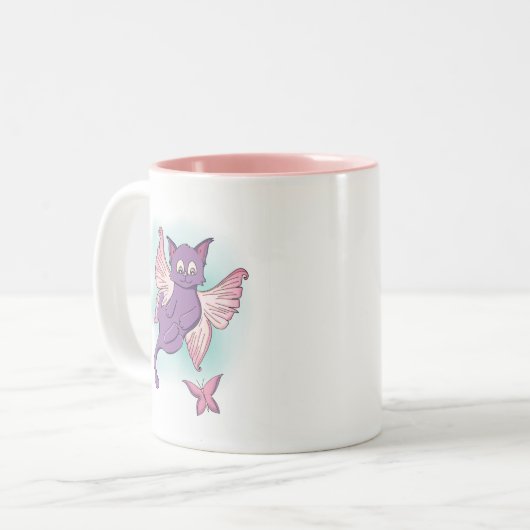 Flying Pink and Paars Fairy Cat Tweekleurige Koffiemok (Voorkant links)