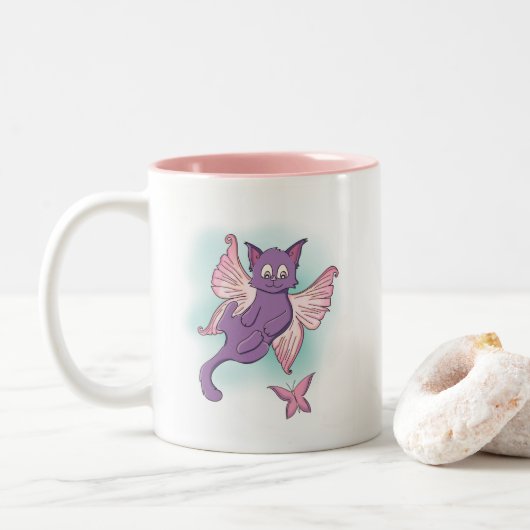 Flying Pink and Paars Fairy Cat Tweekleurige Koffiemok (Met donut)