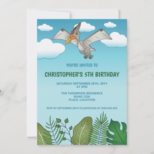 Flying Pteranodon Dinosaur Blue Sky Birthday Kaart (Voorkant)