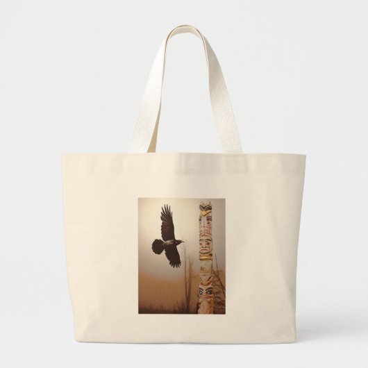 Flying Raven & Totem-Pole Fantasy Art Grote Tote Bag (Voorkant)