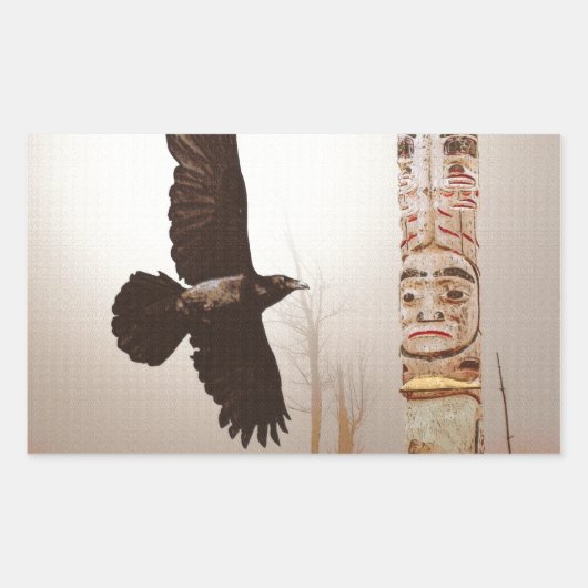 Flying Raven & Totem-Pole Fantasy Art Rechthoekige Sticker (Voorkant)
