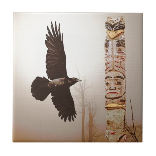 Flying Raven & Totem-Pole Fantasy Art Tegeltje (Voorkant)
