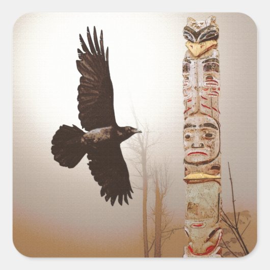 Flying Raven & Totem-Pole Fantasy Art Vierkante Sticker (Voorkant)