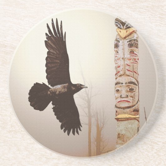 Flying Raven & Totem-Pole Fantasy Art Zandsteen Onderzetter (Voorkant)