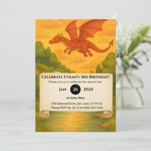 Flying Red Dragon Over Enchanted Forest Birthday Kaart (Staand voorkant)