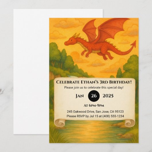 Flying Red Dragon Over Enchanted Forest Birthday Kaart (Voorkant / Achterkant)