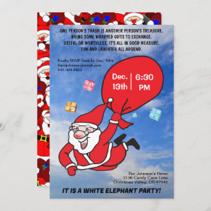 Flying Santa Blue Sky White Elephant Party Kaart