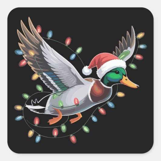 Flying Santa Duck Kerstverlichting Jachtseizoen Vierkante Sticker (Voorkant)