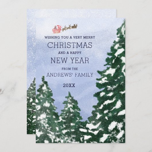 Flying Santa Snowy Winter Trees Painted Kerstmis Feestdagenkaart (Voorkant / Achterkant)