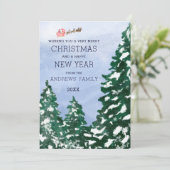 Flying Santa Snowy Winter Trees Painted Kerstmis Feestdagenkaart (Staand voorkant)