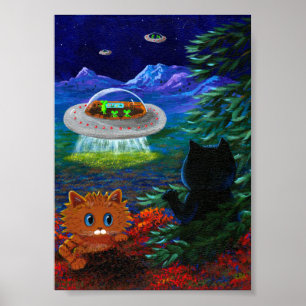 Flying Saucer UFO Black Cat Oranje Tabblad Poster