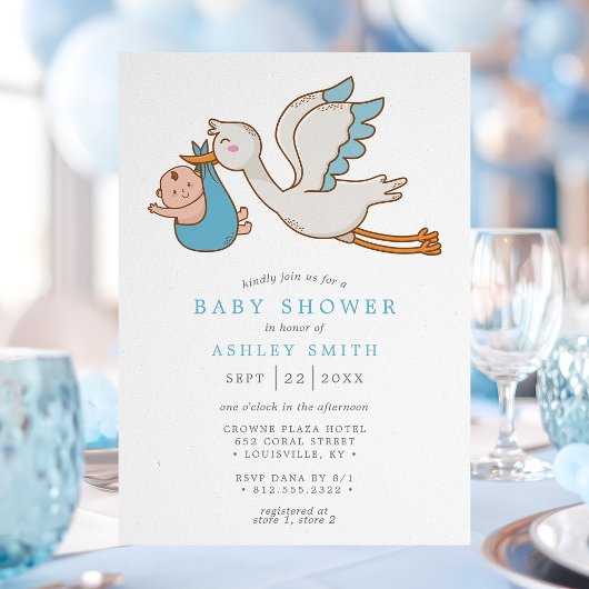 Flying Stork Boy Baby shower Kaart