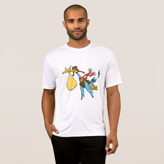 Flying Stork Cartoon met bril en Baby bundel T-shirt (Voorkant volledig)