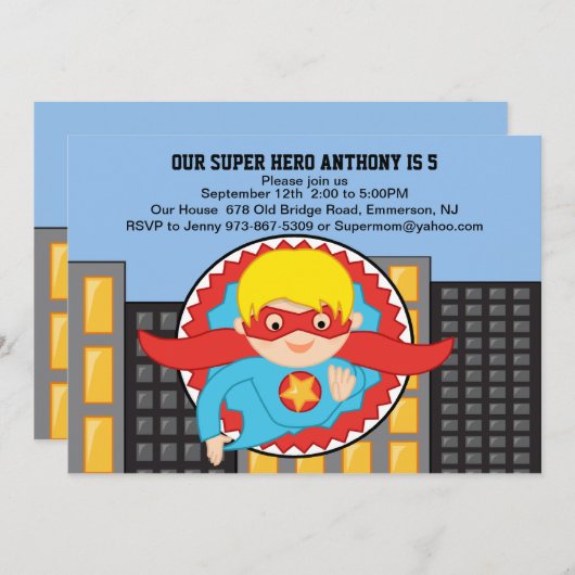 Flying Super Hero Boys Uitnodiging (Voorkant / Achterkant)