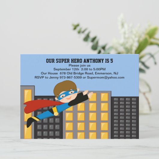 Flying Super Hero Boys Uitnodiging (Staand voorkant)