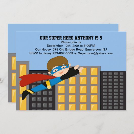 Flying Super Hero Boys Uitnodiging (Voorkant / Achterkant)