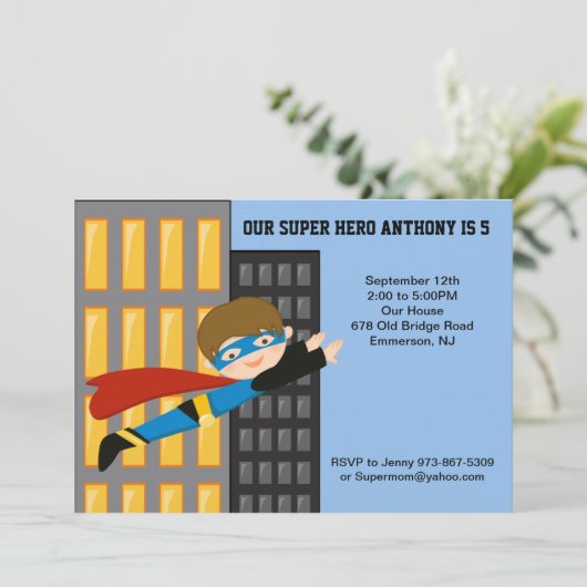 Flying Super Hero Boys Uitnodiging (Staand voorkant)