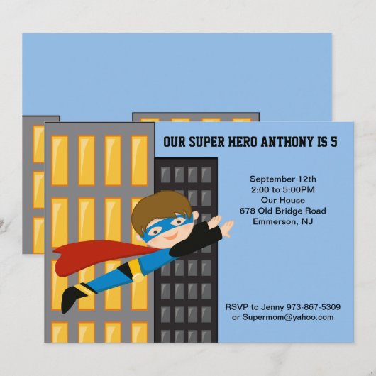 Flying Super Hero Boys Uitnodiging (Voorkant / Achterkant)