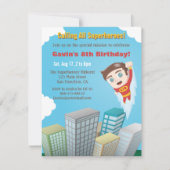 Flying Superheld Boy Birthday Party Invitations Kaart (Voorkant)