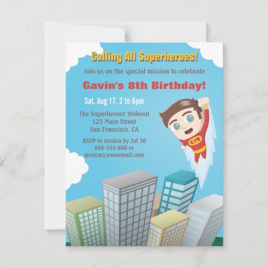 Flying Superheld Boy Birthday Party Invitations Kaart (Voorkant)
