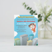 Flying Superheld Boy Birthday Party Invitations Kaart (Staand voorkant)