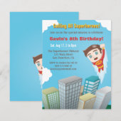 Flying Superheld Boy Birthday Party Invitations Kaart (Voorkant / Achterkant)