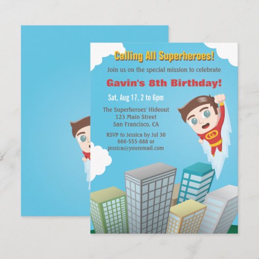 Flying Superheld Boy Birthday Party Invitations Kaart (Voorkant / Achterkant)