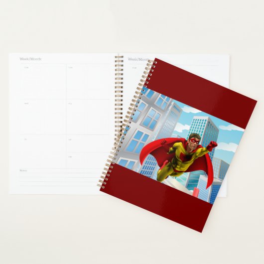 Flying Superhero Comic Style Red and Yellow Hero  Planner (Display)