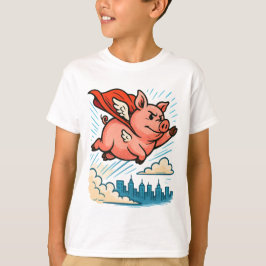 Flying Superhero Pig Cartoon T-shirt