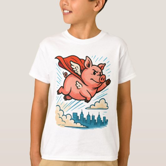 Flying Superhero Pig Cartoon T-shirt (Voorkant)