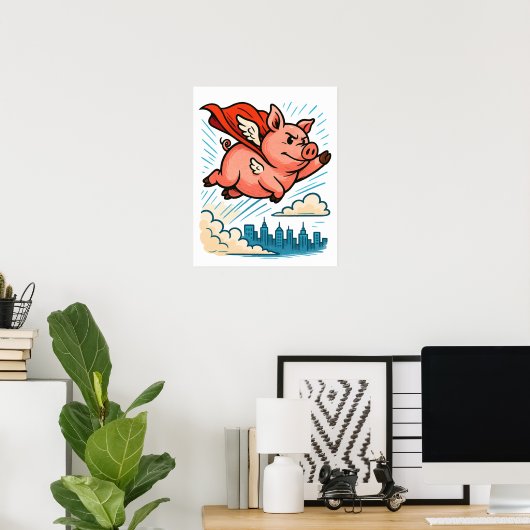 Flying Superhero Pig Poster (Thuiskantoor)