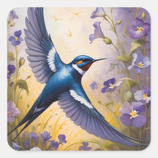 Flying Swallow Field van Violet Bloemen Vierkante Sticker (Voorkant)