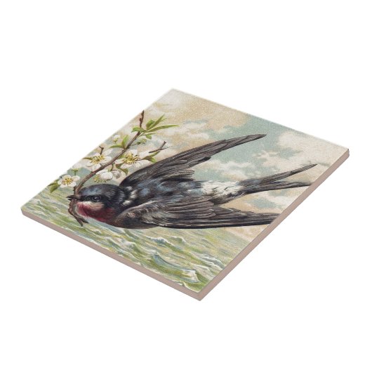 Flying swallow with flower twig tegeltje (Zijkant)