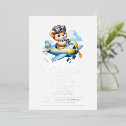 Flying Teddy Bear-Baby shower Folie Uitnodiging (Staand Voorkant)