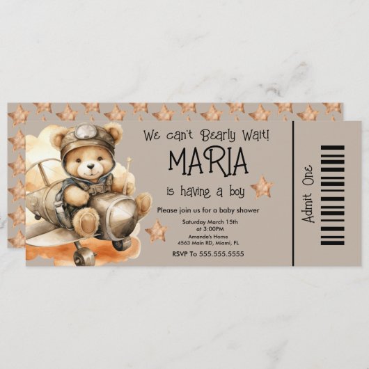 Flying Teddy Bear Baby shower Ticket Party Kaart (Voorkant / Achterkant)