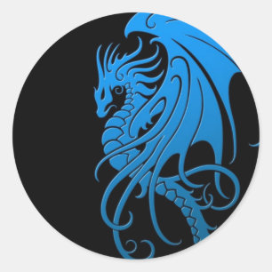 Flying Tribal Dragon - blauw op zwart Ronde Sticker