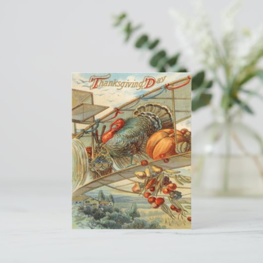 Flying Turkey Airplane Pumpkin Apple Pear Corn Briefkaart (Staand voorkant)