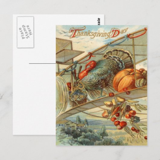 Flying Turkey Airplane Pumpkin Apple Pear Corn Briefkaart (Voorkant / Achterkant)