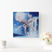 Flying Unicorn And Waterfall Fantasy Art Vierkante Klok (Huis)