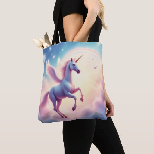 Flying Unicorn Bright Rainbow Clouds Illustration  Tote Bag (Dichtbij)